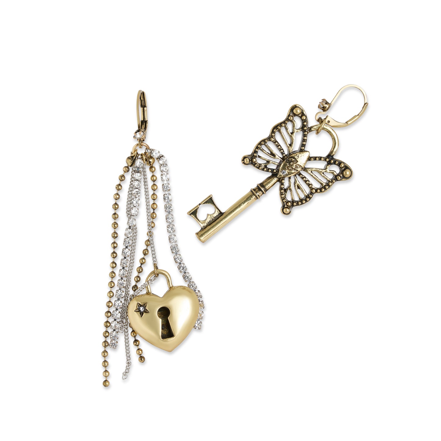Betsey Johnson Boho Butterfly Key Fringe Mismatch Earrings