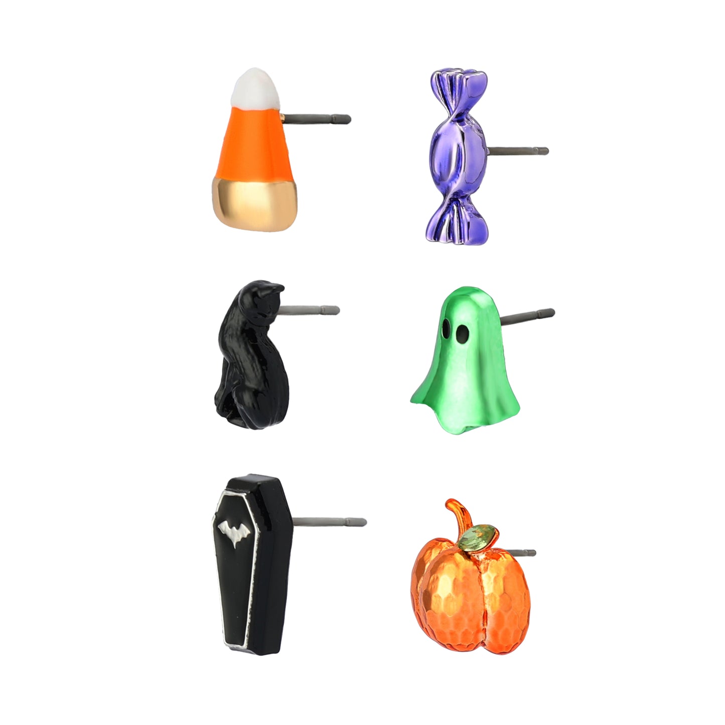 Set of Halloween-themed earrings including candy corn, purple candy, black bat, green ghost, black coffin, and orange pumpkin on a white background.