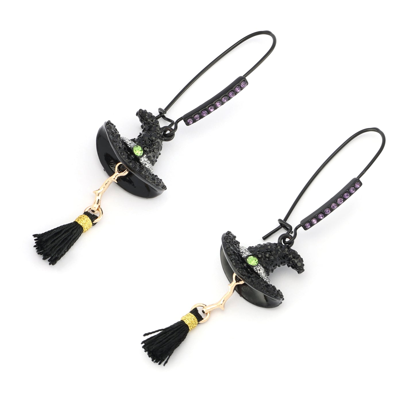 Black cat-shaped phone charms with tassels on a white background