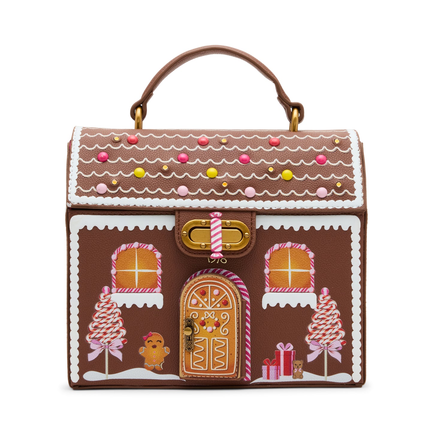 Gingerbread house-themed handbag with decorative elements on a white background
