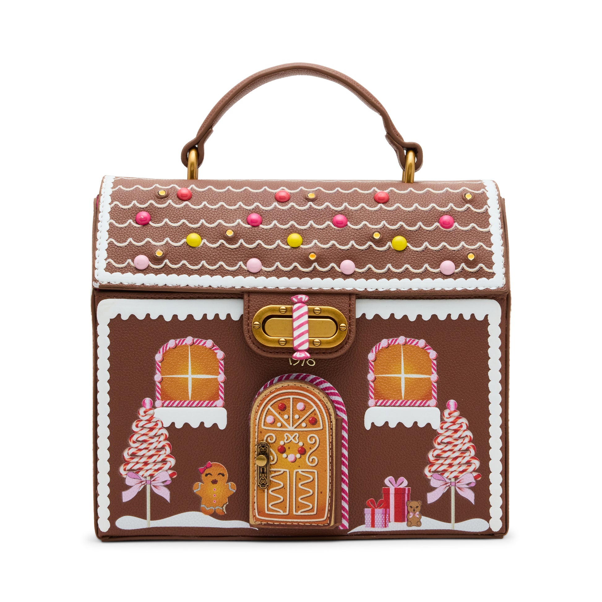 Gingerbread house-themed handbag with decorative elements on a white background
