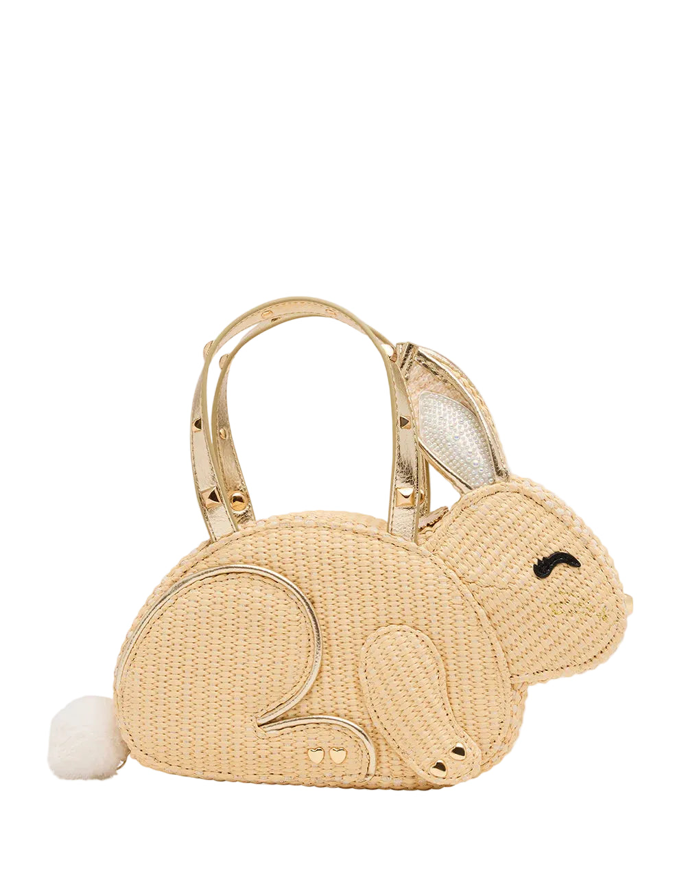 Woven rabbit-shaped handbag with a white background