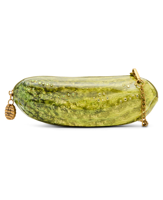 Green cucumber-shaped clutch bag with gold chain on a white background