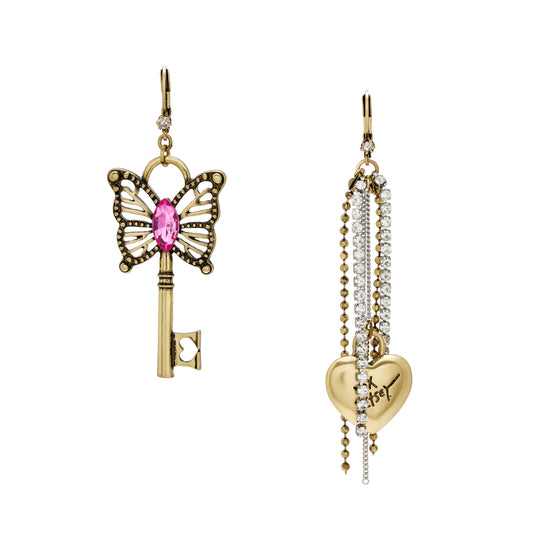 Betsey Johnson Boho Butterfly Key Fringe Mismatch Earrings