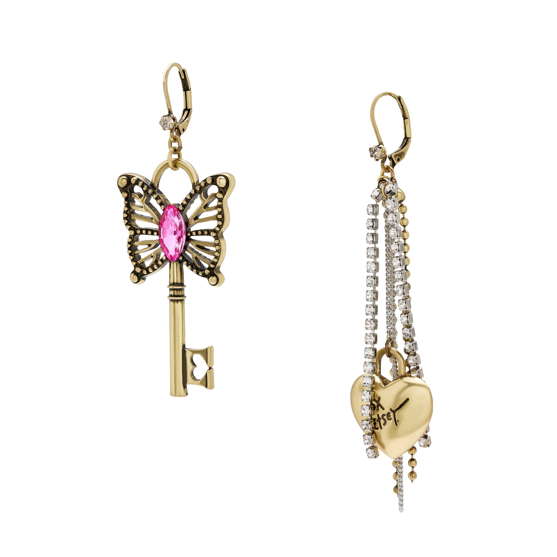 Betsey Johnson Boho Butterfly Key Fringe Mismatch Earrings