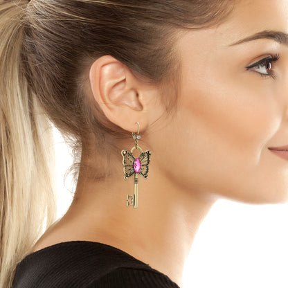 Betsey Johnson Boho Butterfly Key Fringe Mismatch Earrings