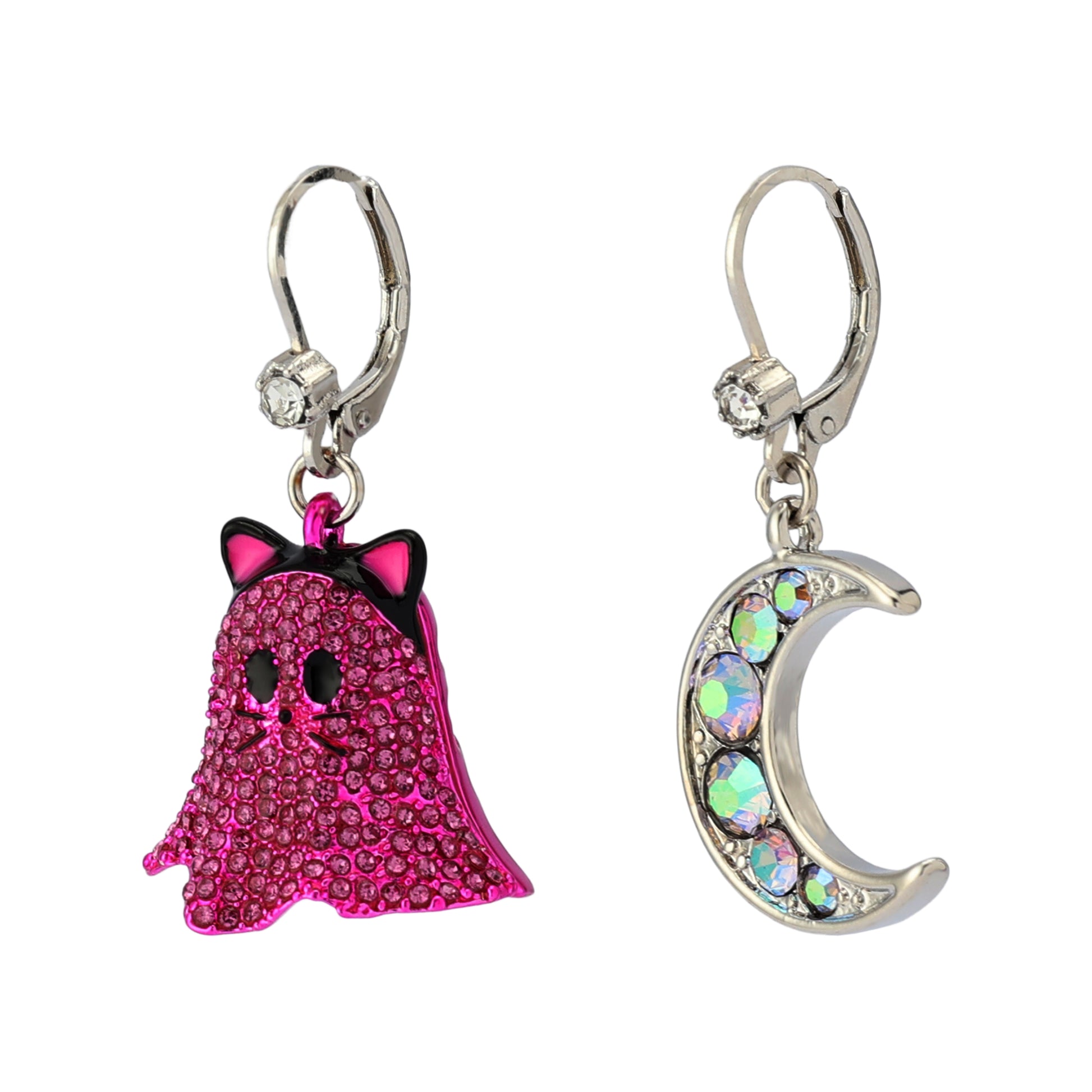 Pair of earrings with pink ghost and moon designs on a white background