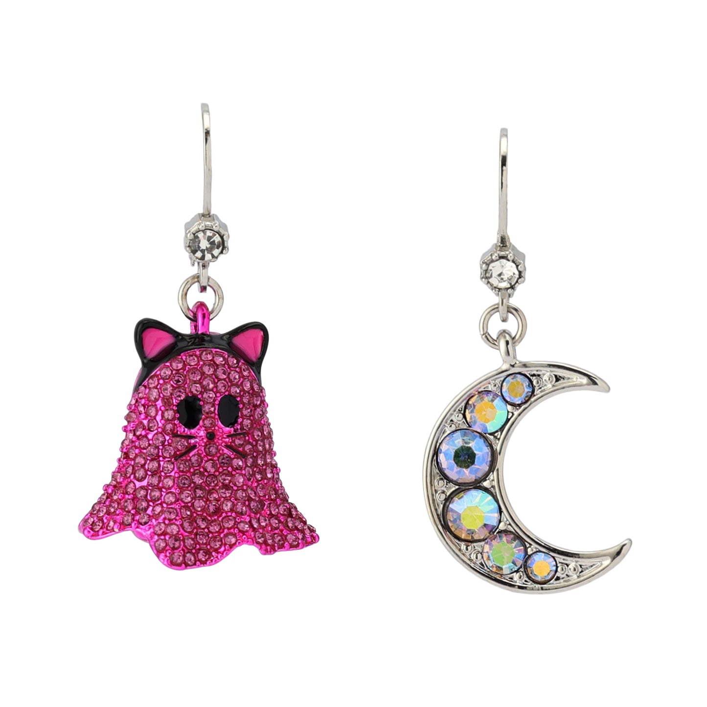 Betsey Johnson Halloween Cat Moon Mismatch Earrings Pink