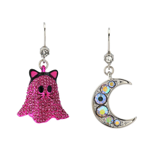Betsey Johnson Halloween Cat Moon Mismatch Earrings Pink