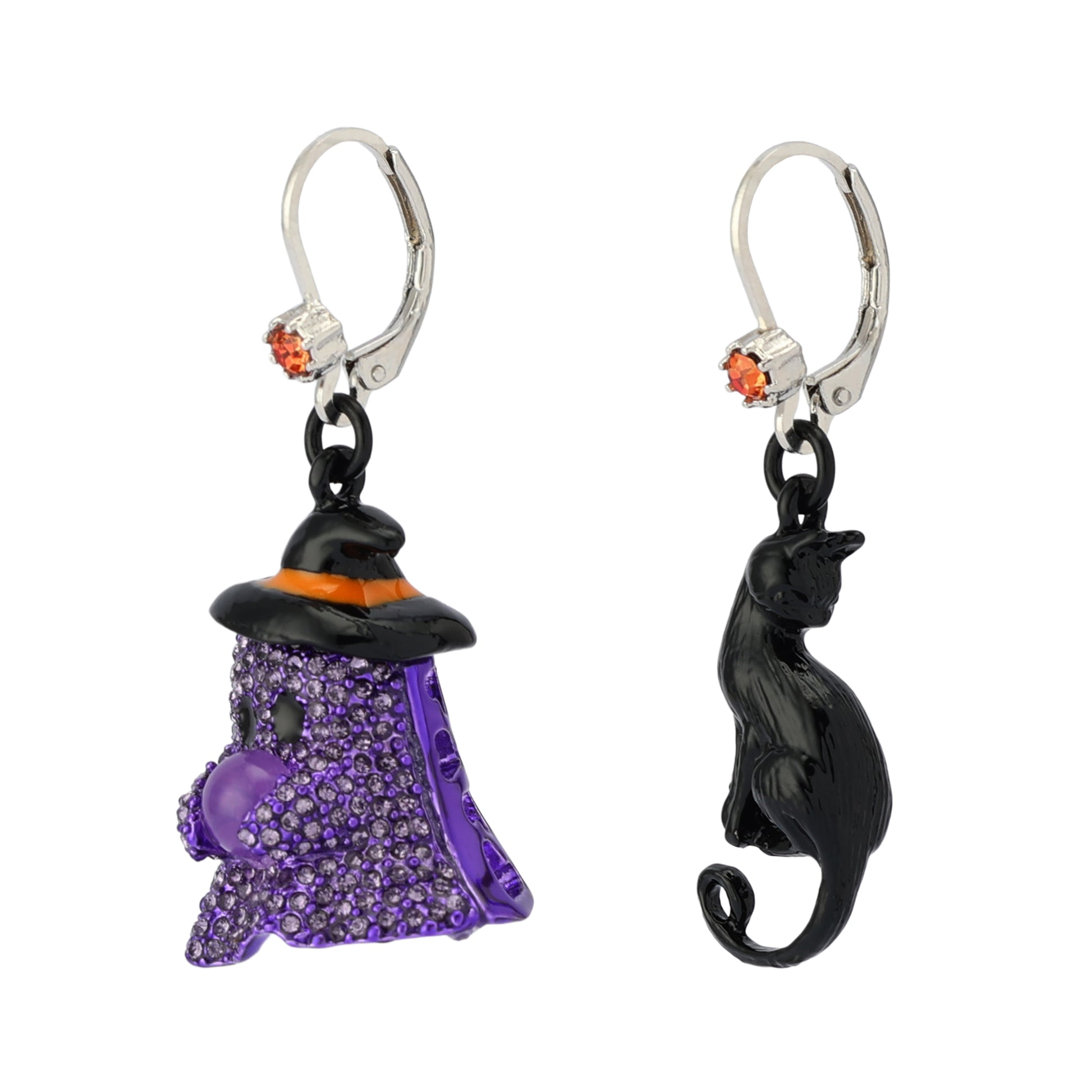 Halloween-themed earrings with witch hat and black cat design on a white background