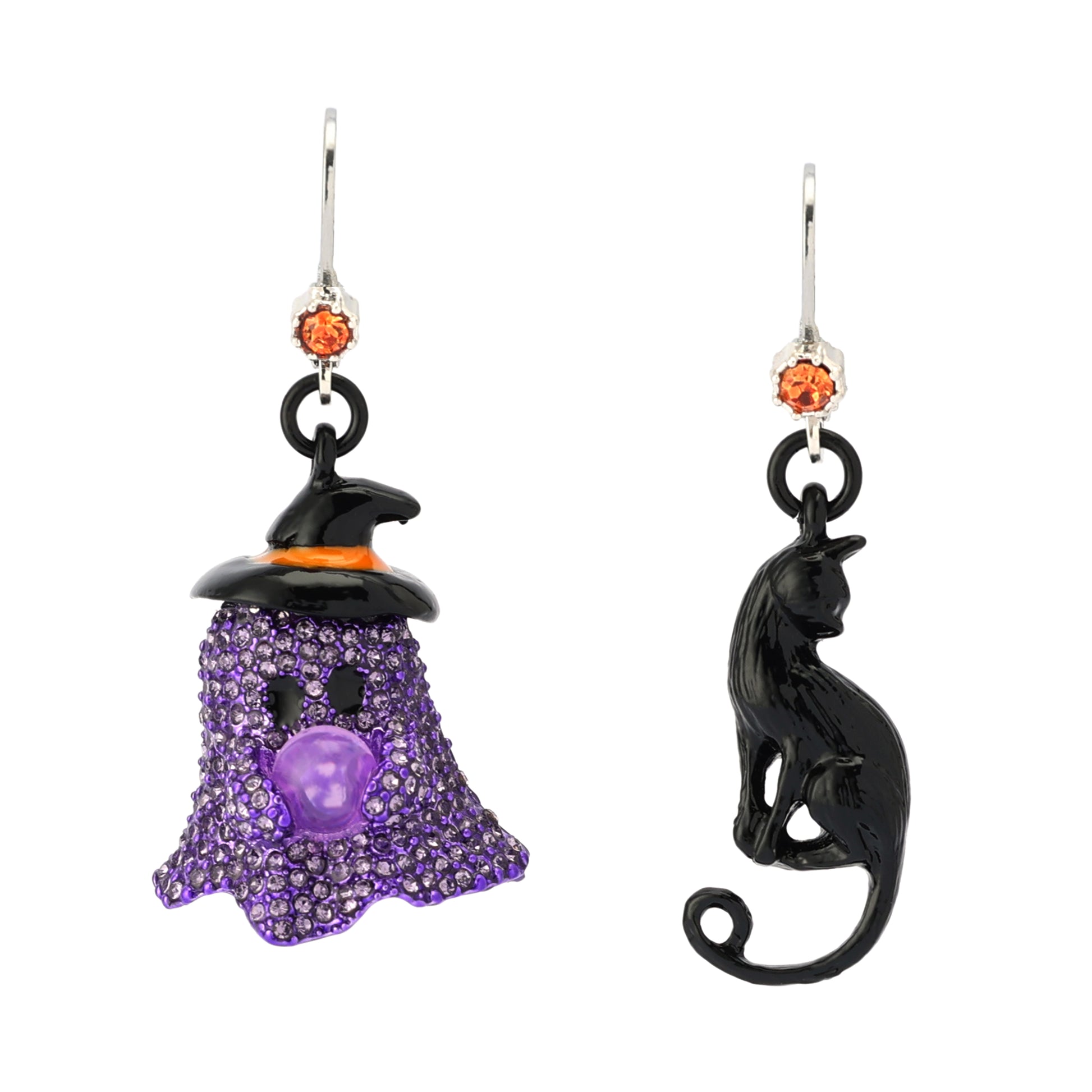 Halloween-themed earrings with a purple ghost and black cat on a white background