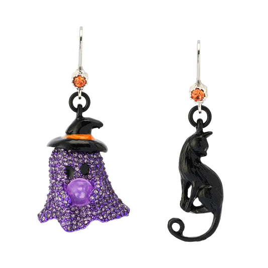 Halloween-themed earrings with a purple ghost and black cat on a white background
