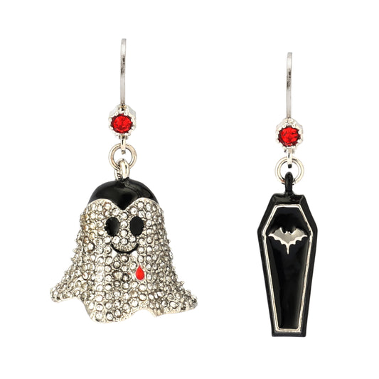 Halloween-themed earrings featuring a ghost and coffin design on a white background