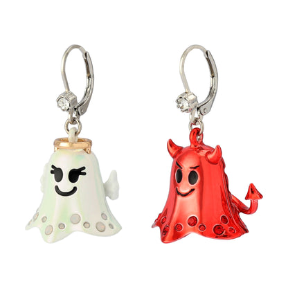 Pair of ghost and devil-shaped earrings on a white background