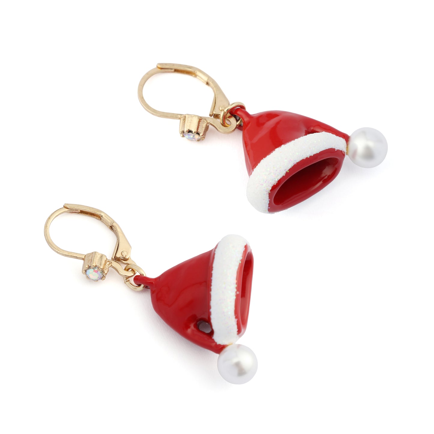 Red Santa hat earrings with gold hooks on a white background