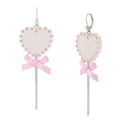 Heart-shaped lollipop earrings with pink bows on a white background