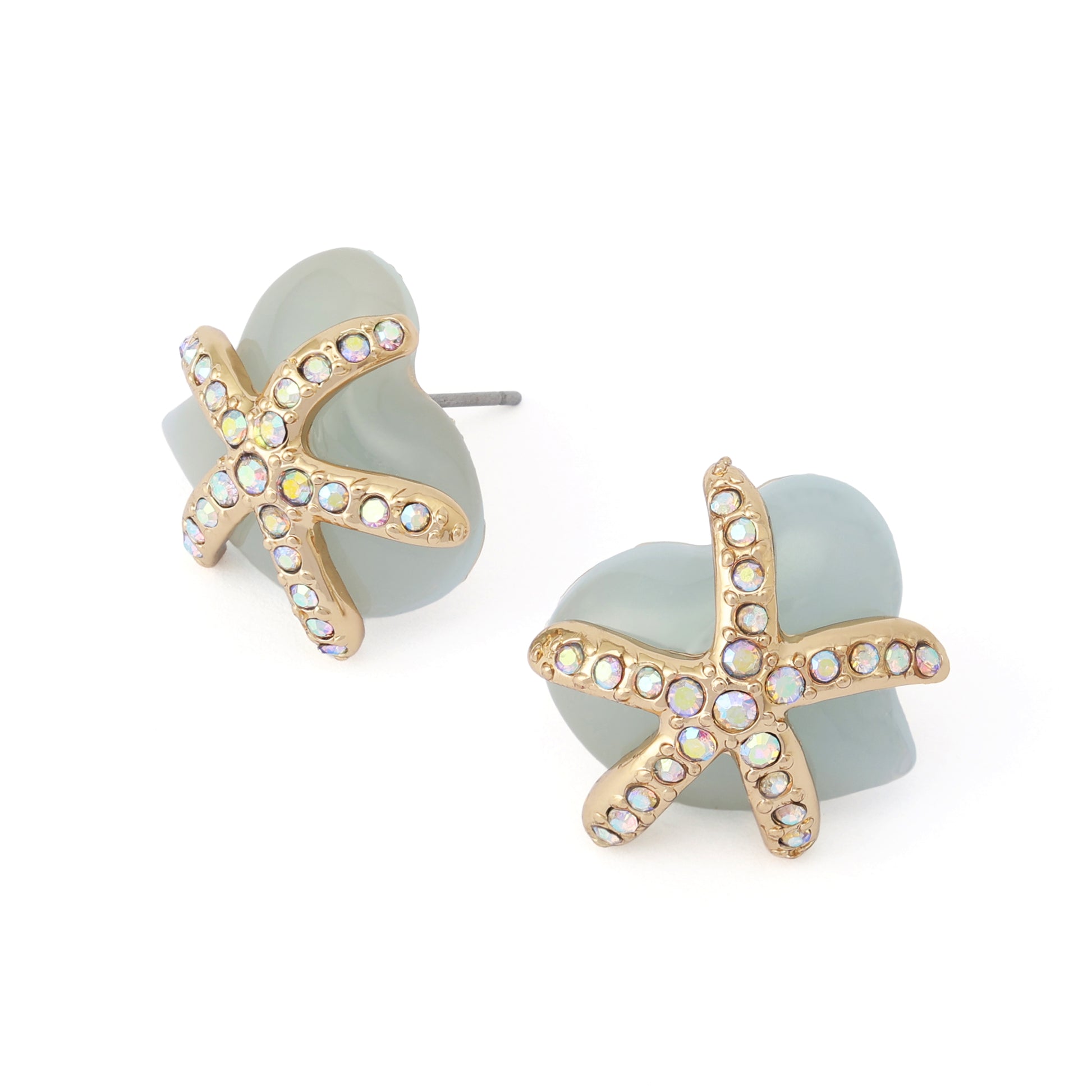 Starfish-shaped earrings with light blue posts on a white background