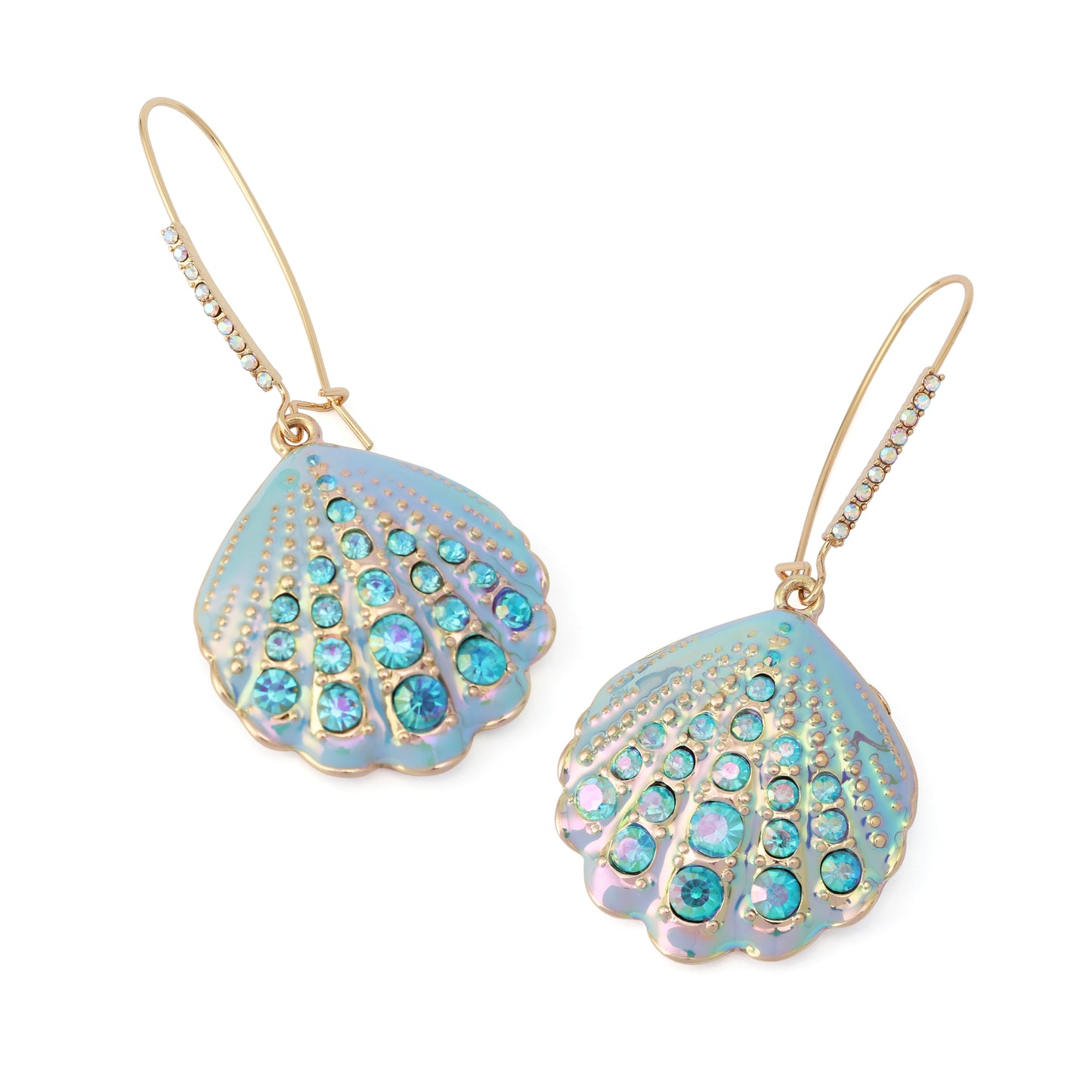 Shell-shaped earrings with gemstone details on a white background