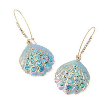 Shell-shaped earrings with gemstone details on a white background
