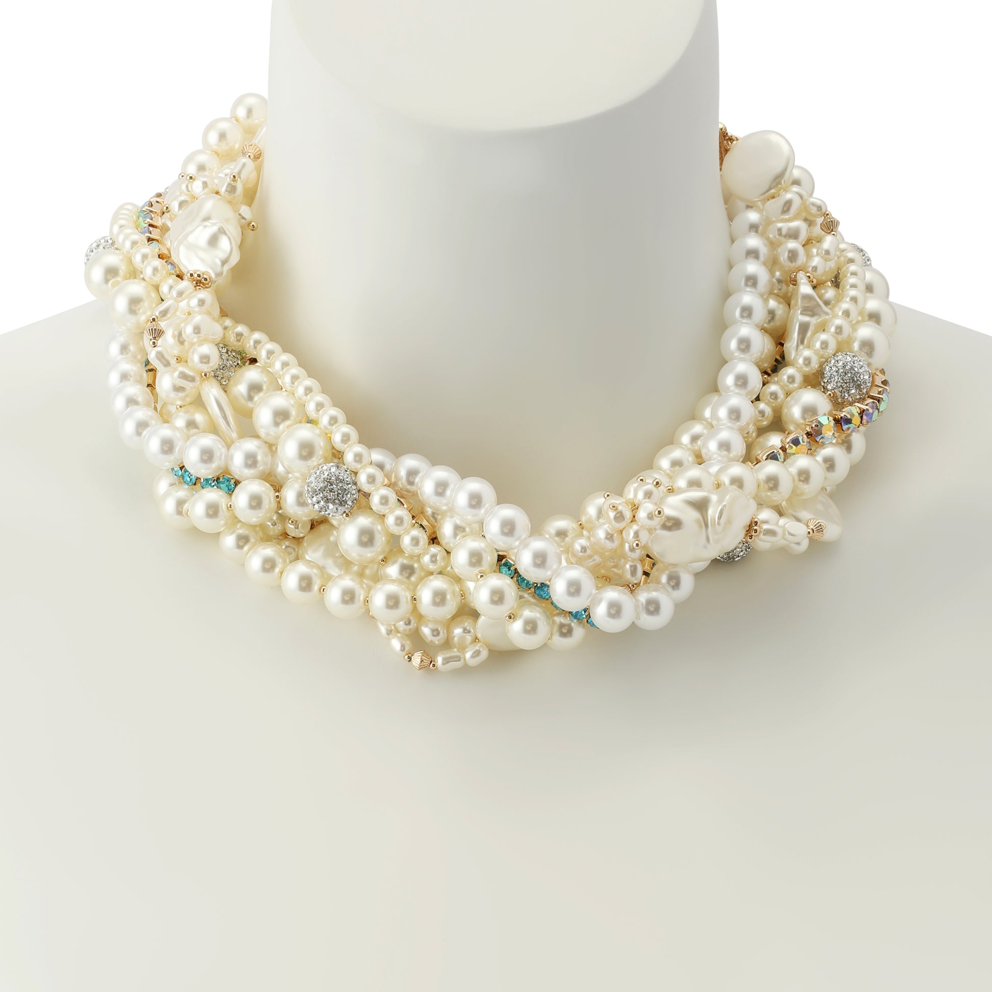 Multi-layered pearl necklace with embedded crystals on a mannequin bust.