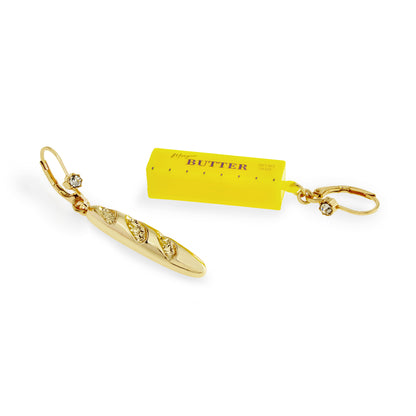 Betsey Johnson Girl Dinner Baguette N Butter Drop Mismatch Earrings
