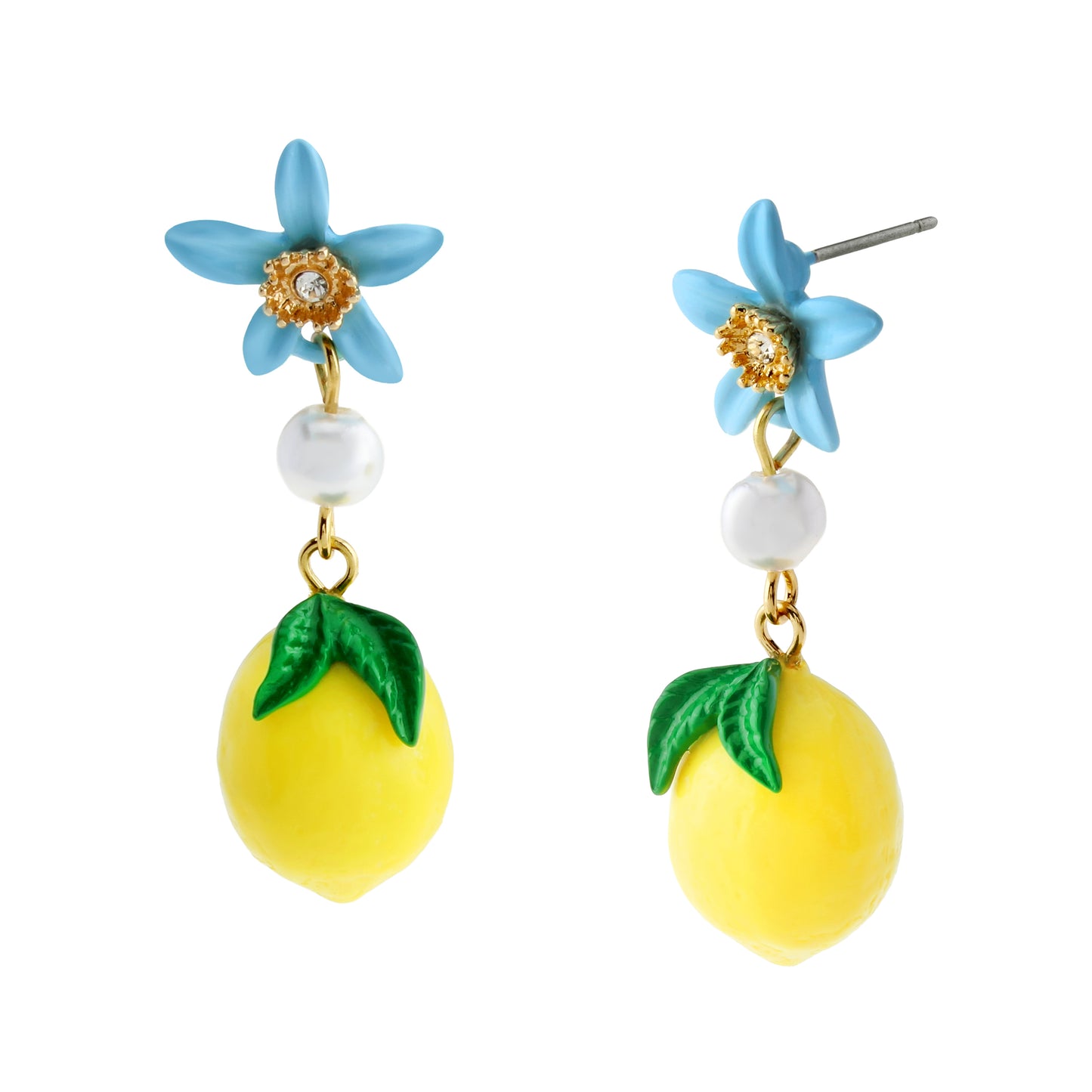 Pair of earrings with blue flowers, white beads, and yellow lemons on a white background
