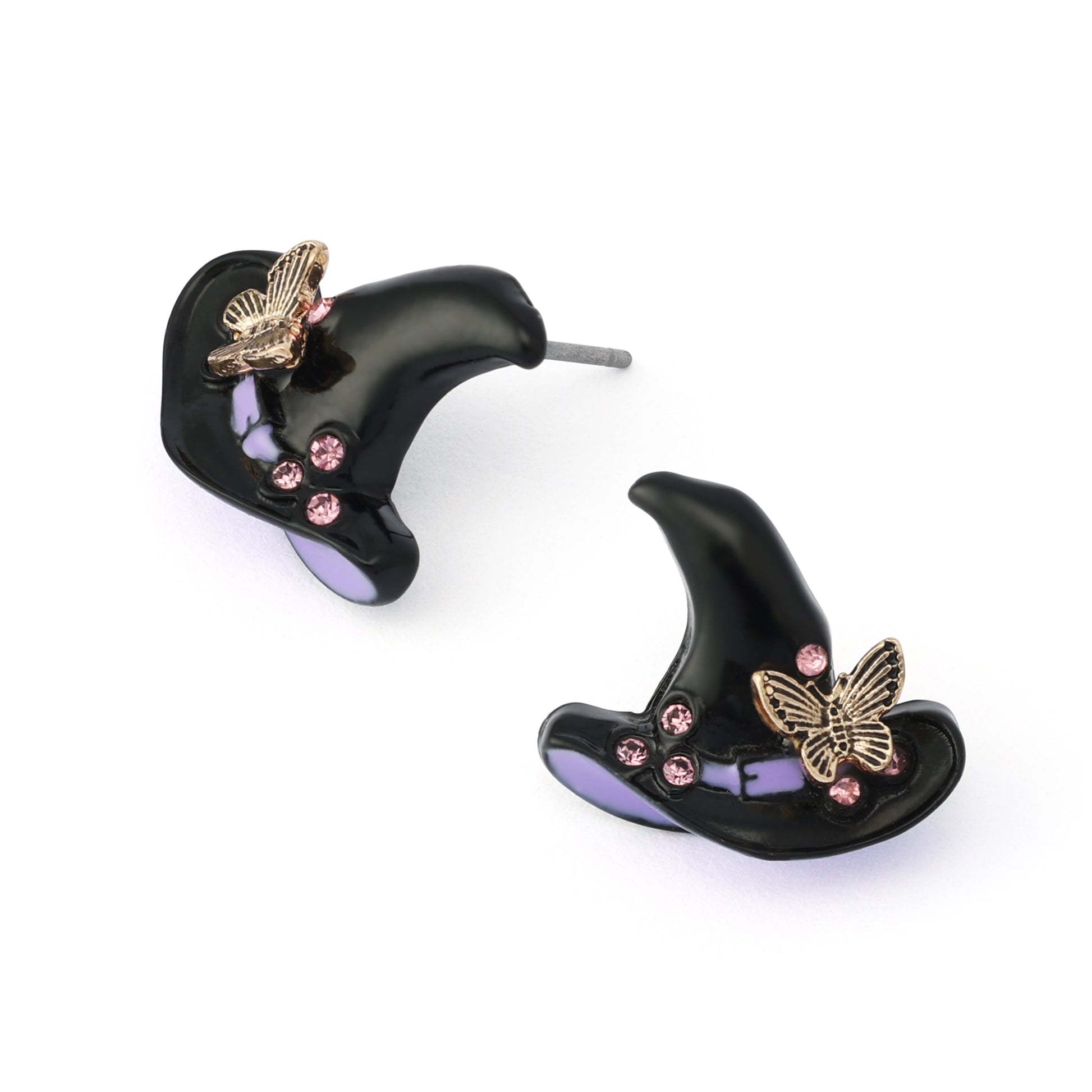 A pair of black witch hat stud earrings decorated with gold-tone butterflies, pink rhinestones, and a light purple enamel accent, shown on a plain white background.