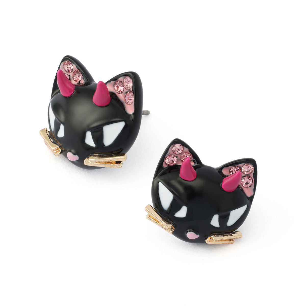 A pair of black cat-head stud earrings with pink bows, pink inner ears, white eyes, gold whiskers, and rhinestone accents, shown on a plain white background.