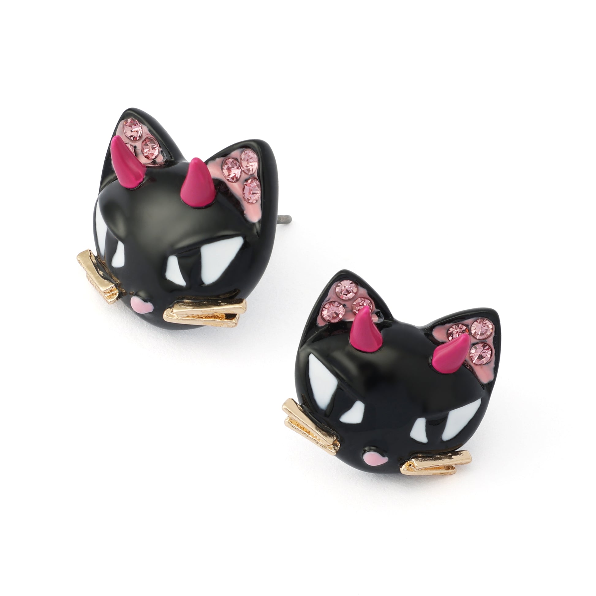 A pair of black cat-head stud earrings with pink bows, pink inner ears, white eyes, gold whiskers, and rhinestone accents, shown on a plain white background.