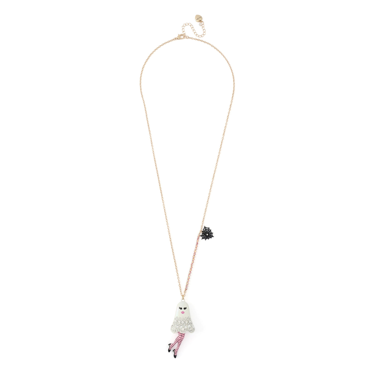 A delicate gold chain necklace featuring a ghost-shaped pendant adorned with rhinestones and pink striped tights, displayed against a solid white background.