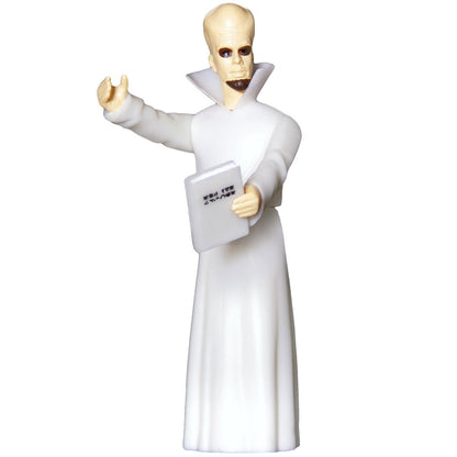 Action figure in a white robe holding a tablet on a white background
