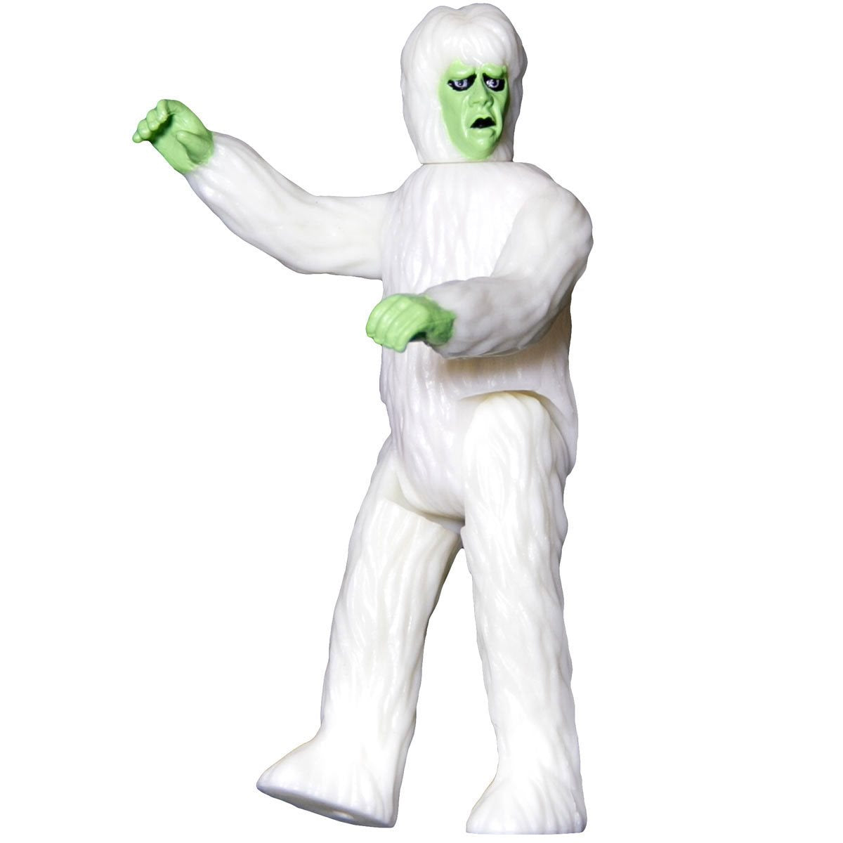 White creature figure with green hands and face on a white background