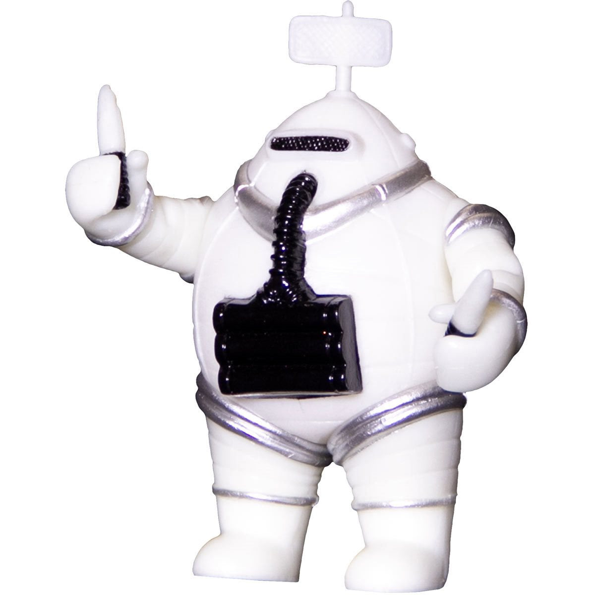 White robot-like figure with black chest and silver accents on a white background