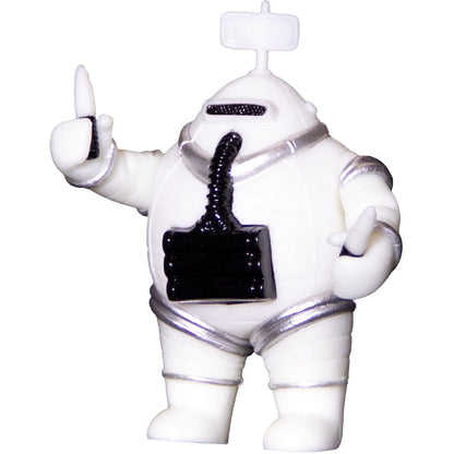 White robot-like figure with black chest and silver accents on a white background