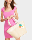 Betsey Johnson Flowers Puffy Raffia Natural Tote Bag