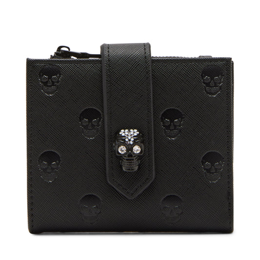 Black wallet with skull designs and a central embellished skull on a white background