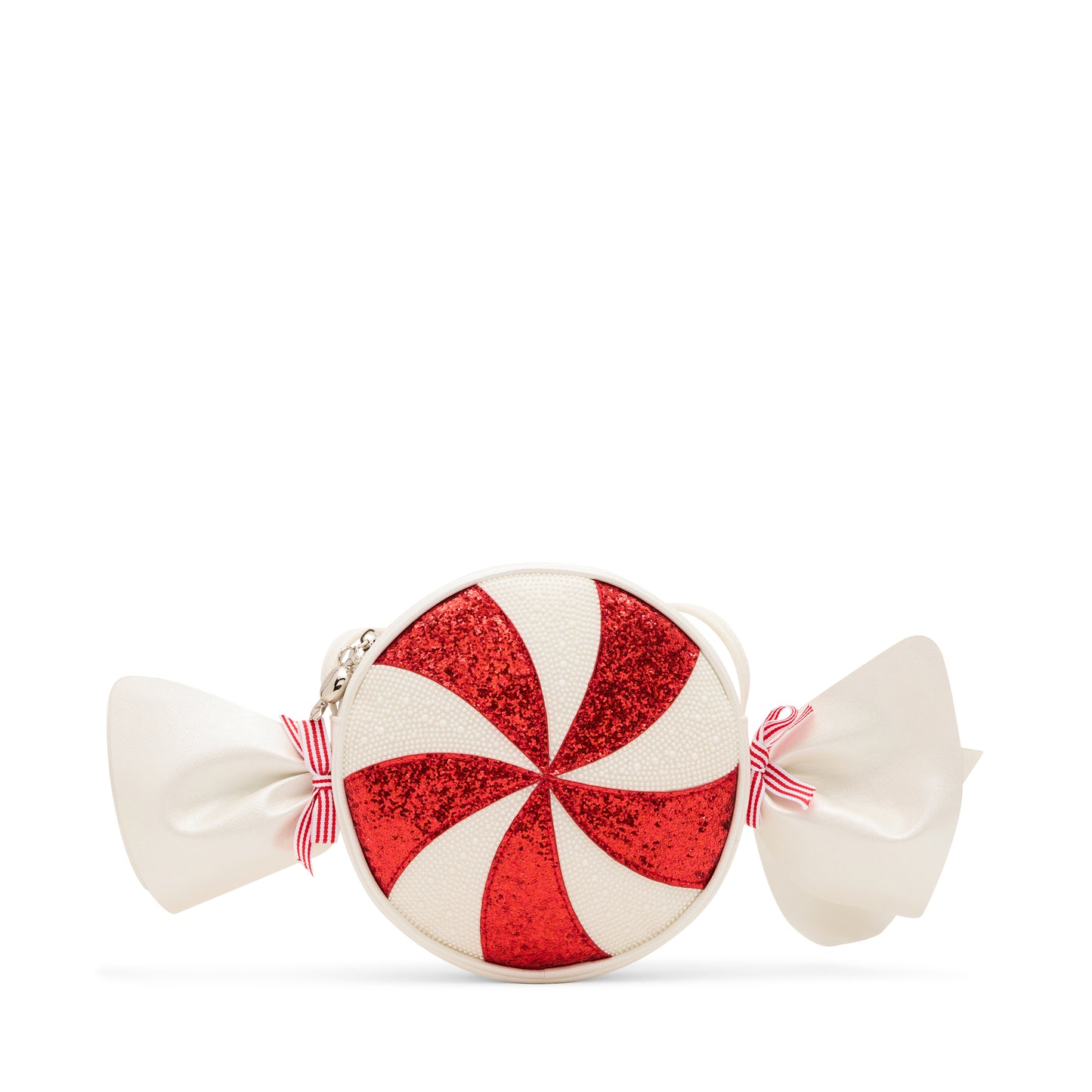 Red and white peppermint candy-shaped pouch with a bow on a white background