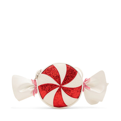 Red and white peppermint candy-shaped pouch with a bow on a white background