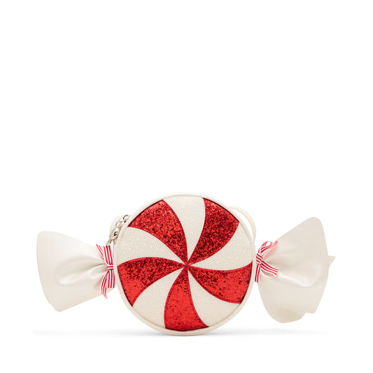 Red and white peppermint candy-shaped pouch with a bow on a white background