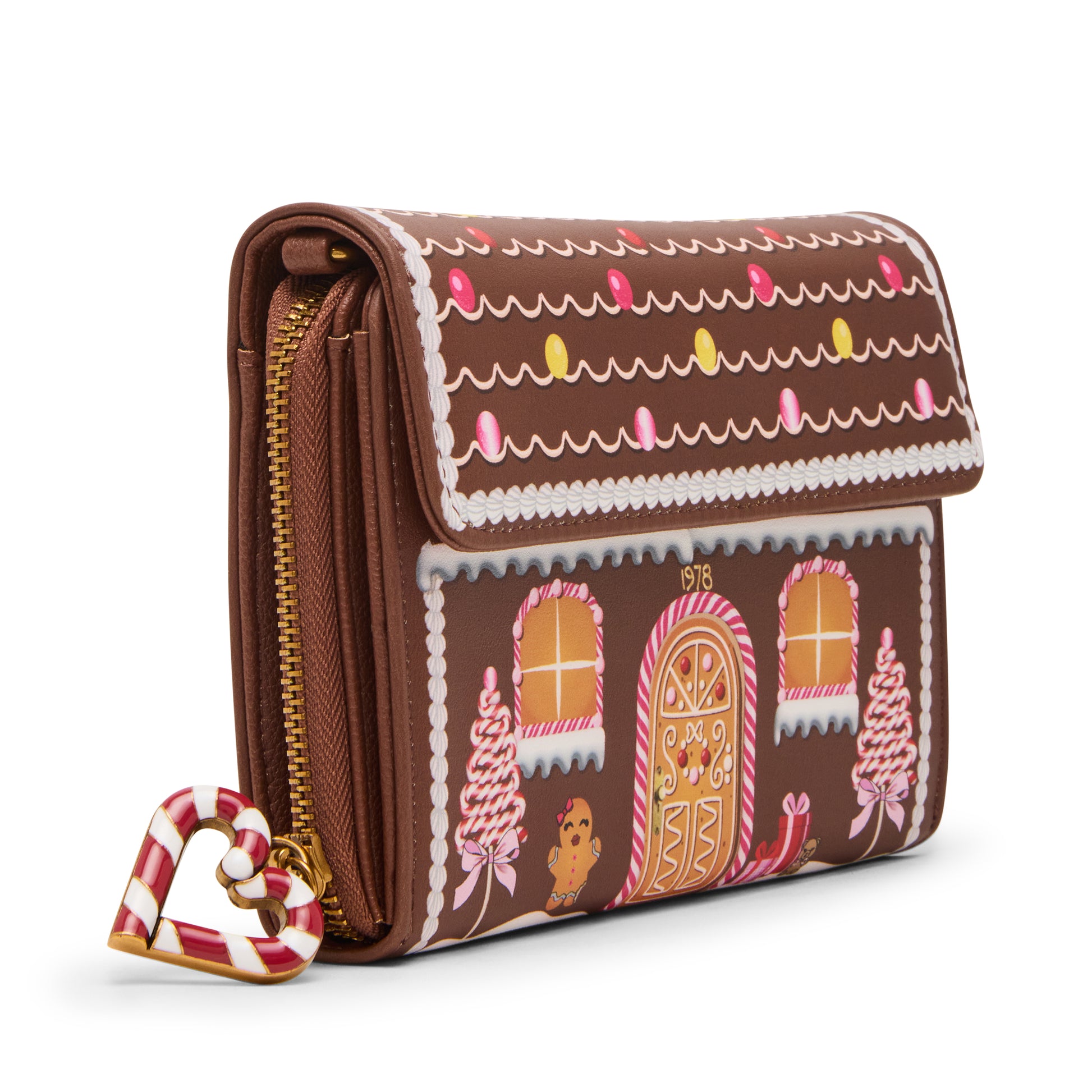 Gingerbread-themed wallet with candy cane charm on a white background