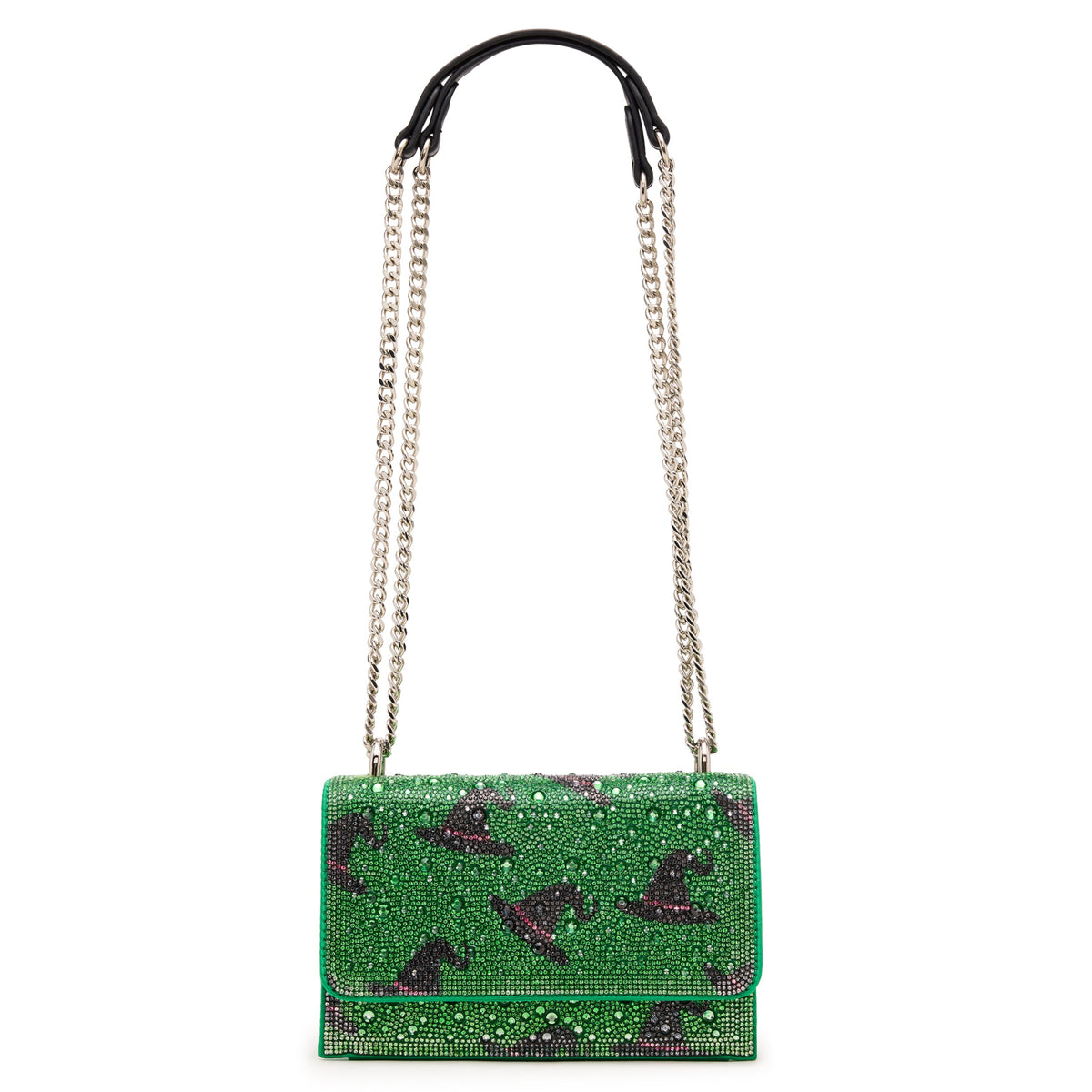 A green rhinestone-embellished clutch bag with a black leather top handle and a silver-tone chain shoulder strap, featuring a dark green and black patterned design on the front flap.