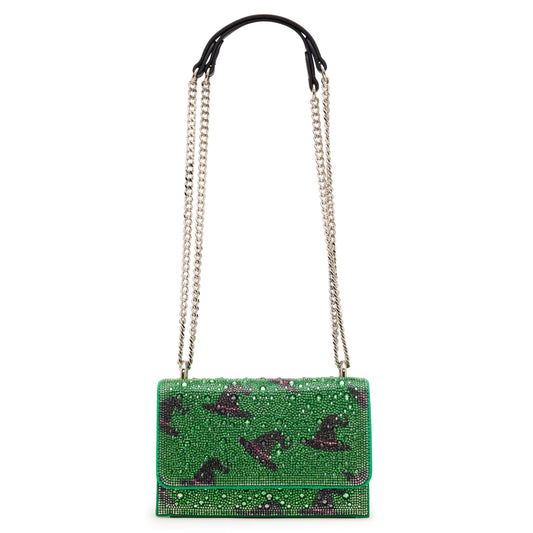 A green rhinestone-embellished clutch bag with a black leather top handle and a silver-tone chain shoulder strap, featuring a dark green and black patterned design on the front flap.