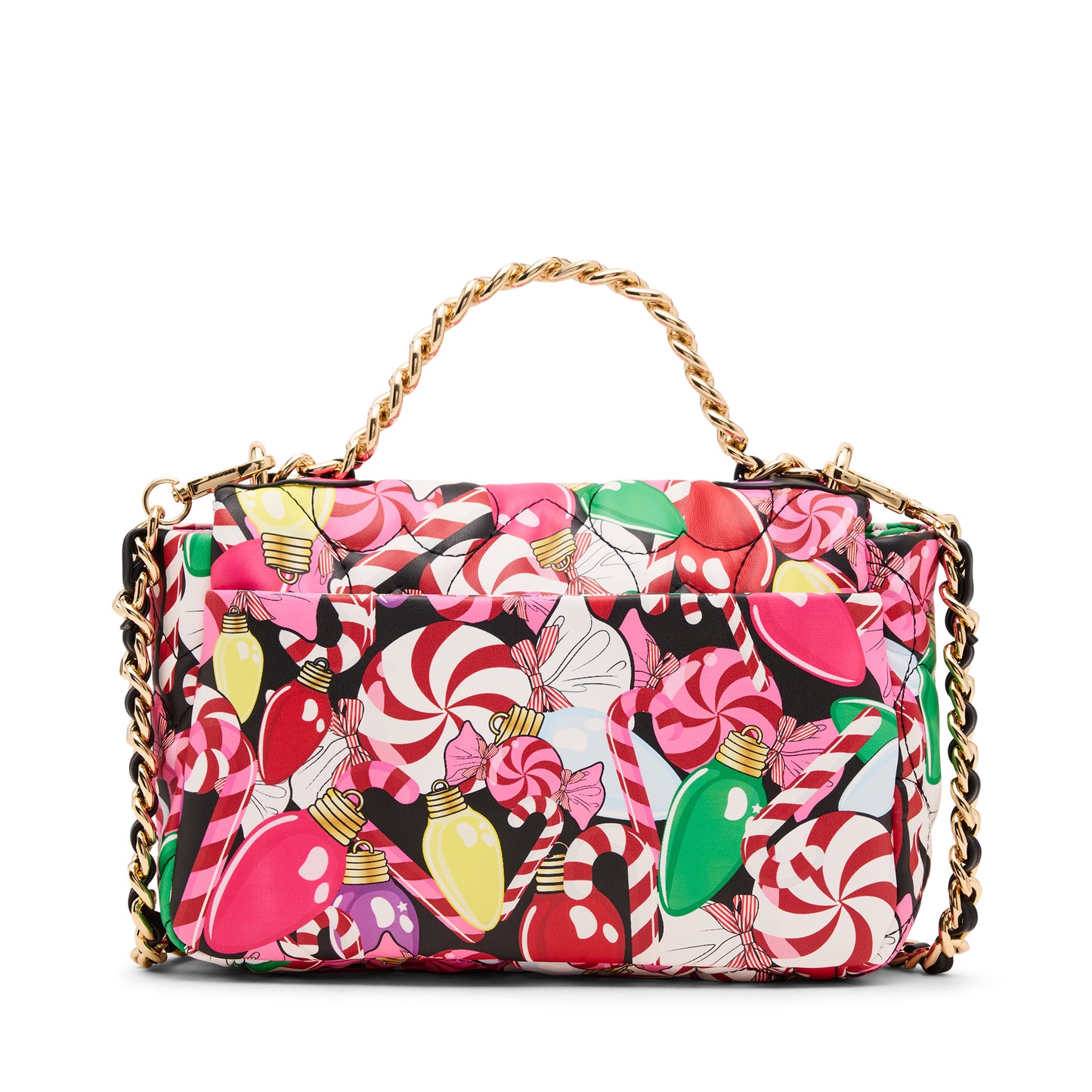 Colorful candy-themed handbag with gold chain handle on a white background