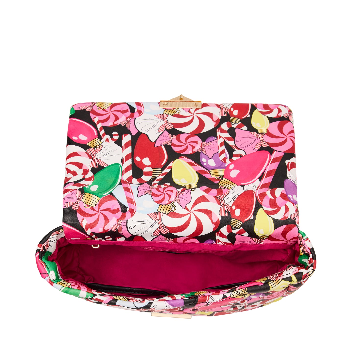 Colorful candy-themed handbag on a white background