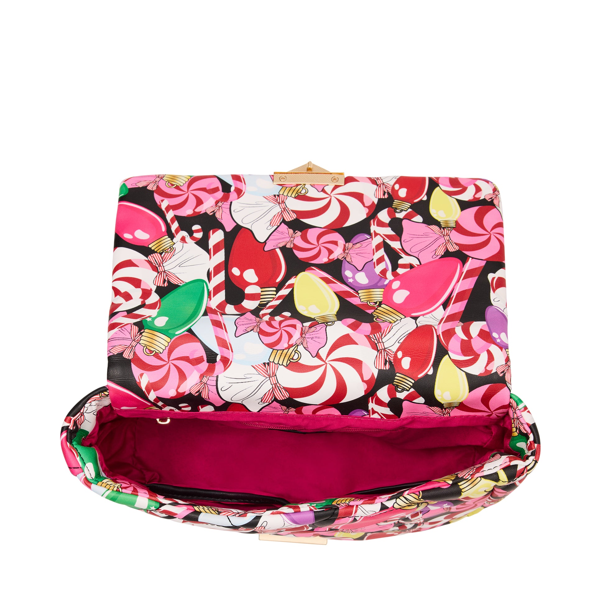 Colorful candy-themed handbag on a white background