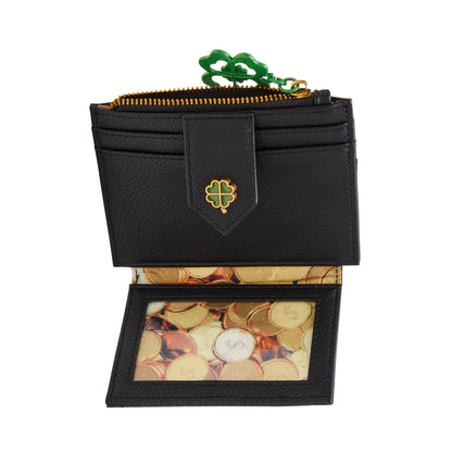 Black wallet with a gold coin pattern on a white background