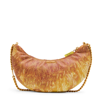 Brown crescent-shaped bag with a gold chain on a white background