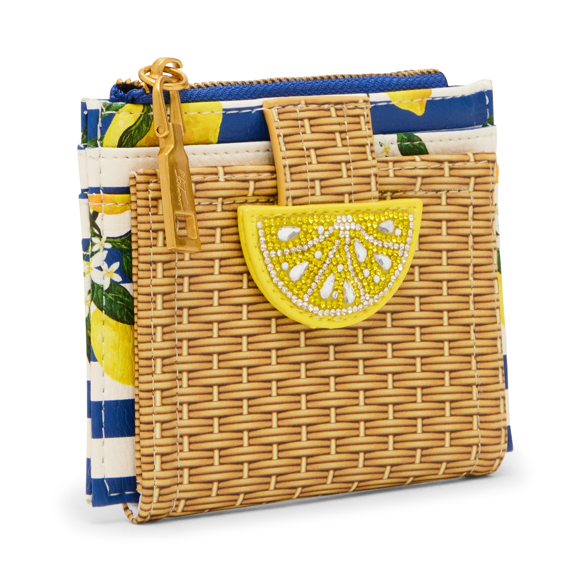 Woven pouch with lemon design and colorful fabric lining on a white background