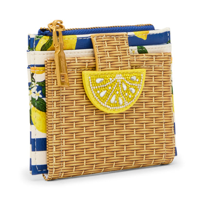 Woven pouch with lemon design and colorful fabric lining on a white background