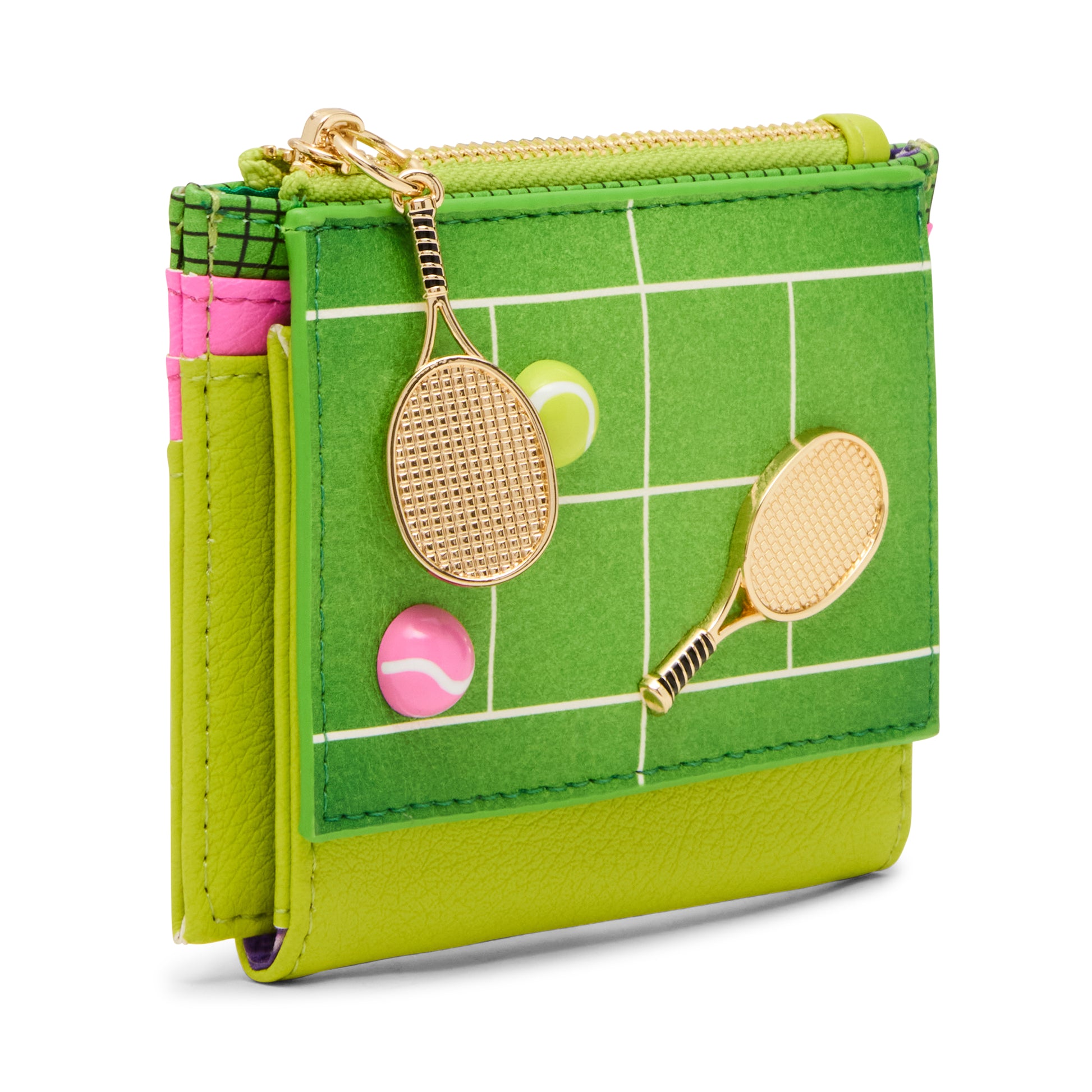 Green wallet with tennis racket and ball decorations on a white background